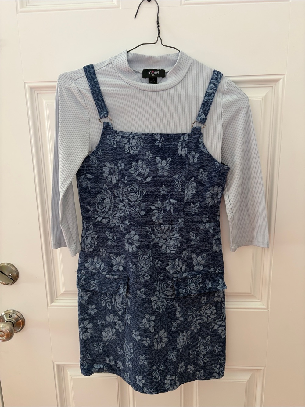 Girls Floral Denim-Style Pinafore Dress with Light Blue Ribbed Top